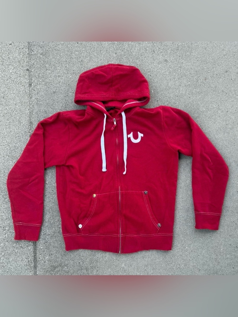 True Religion Red Hooded Zip-Up Sweatshirt with White Drawstrings